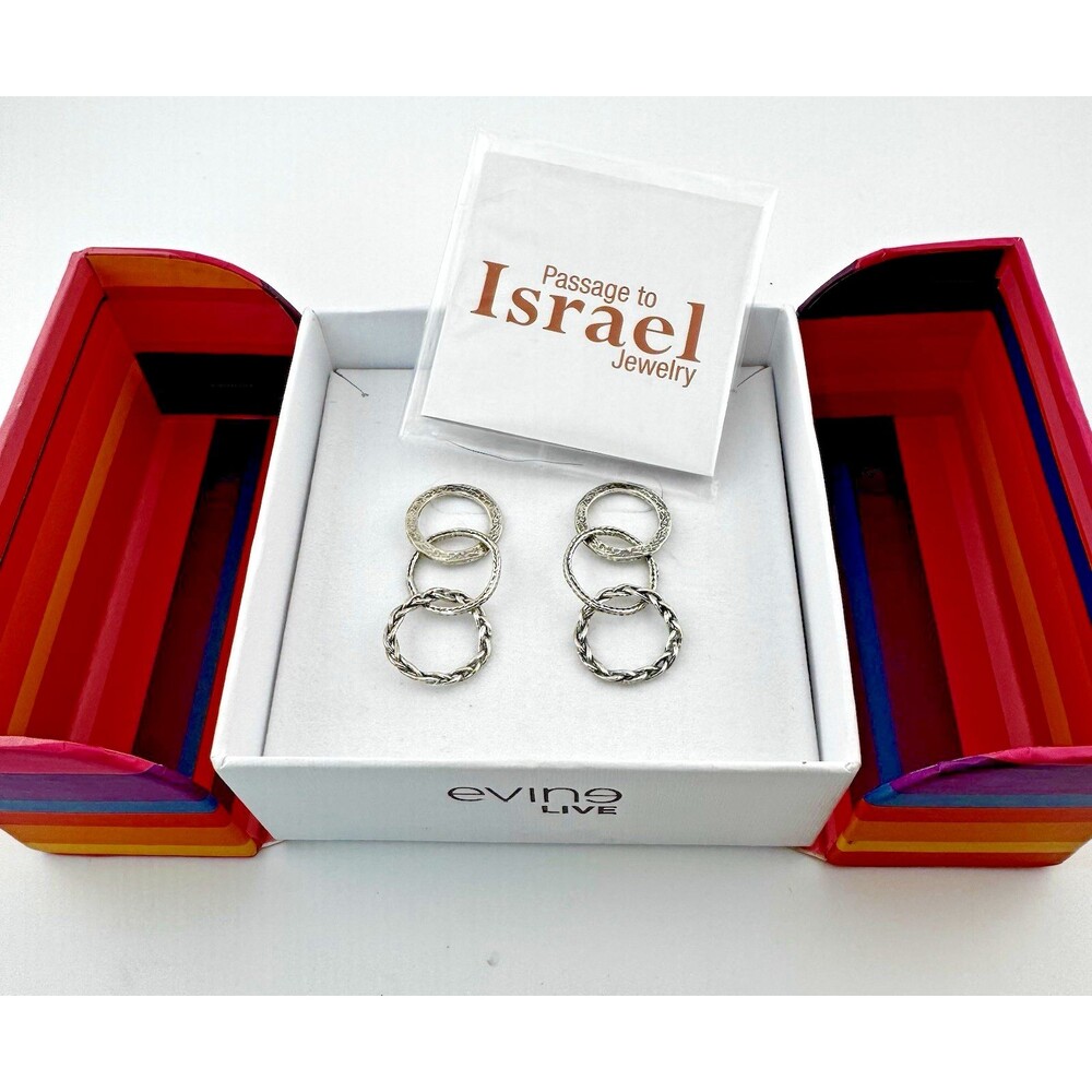 Sterling Silver 925 Dangle Earrings Triple Circle Artisan Made Israel 1.5 in